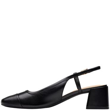 CLARKS WOMENS LOW HEEL SLING BACK SANDAL - BLACK LEATHER
